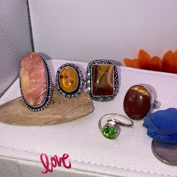 6pcs Handmade Ring Set Mookaite Jasper Purpurite Amber Gemstone - Picture 7 of 9